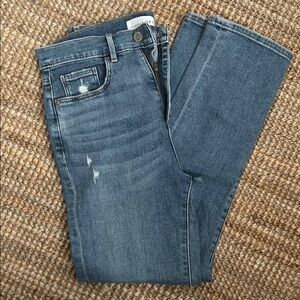 Blue Straight Leg Jeans with Distressed Details